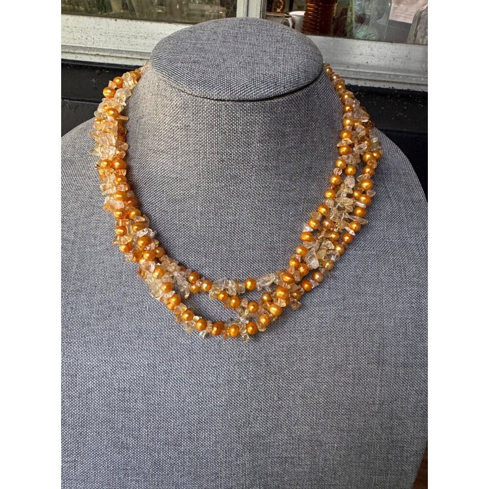Sterling Triple Strand 18" Necklace With Golden Pearls Quartz Beads